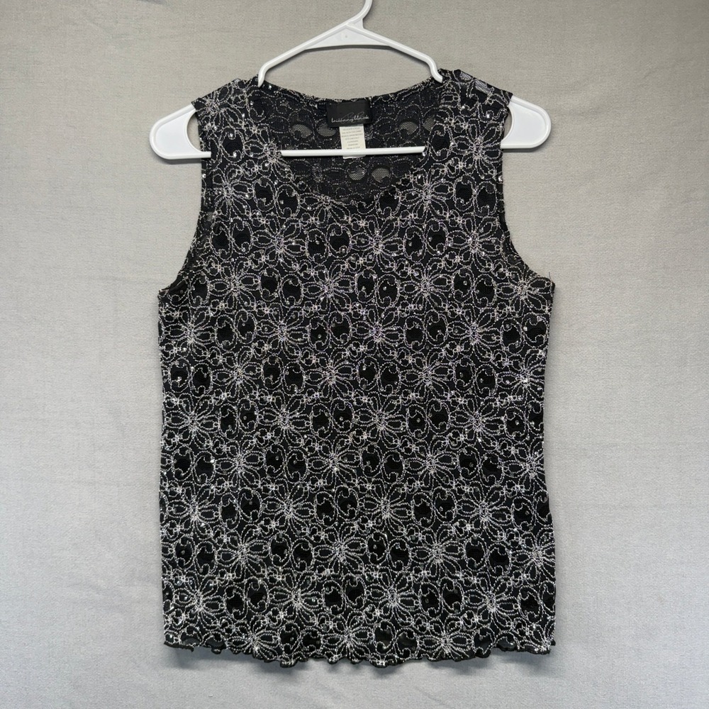 VTG Women Medium Black Silver Y2K Floral Lace Sequin Sparkles Fairycore Goth